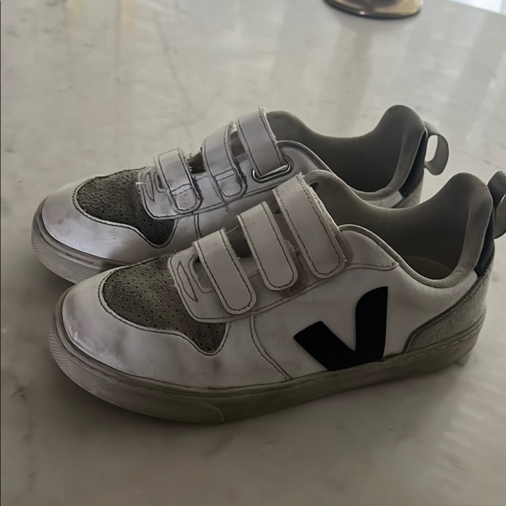 Veja White and Black Velcro Sneakers with V-Logo